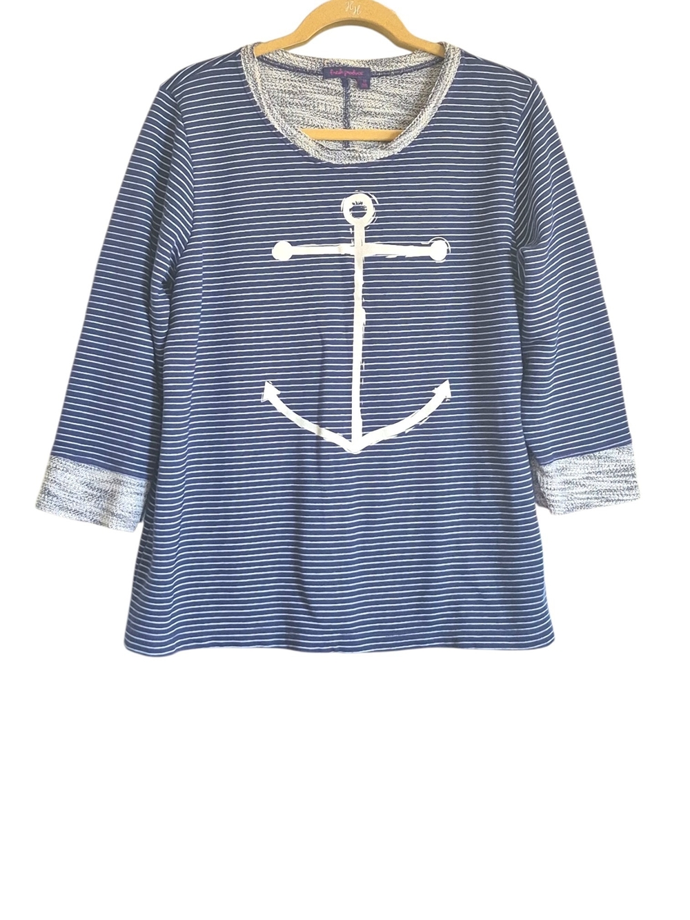 Navy Stripe Anchor 3/4 Sleeve Cotton Top L Made USA Nautical Fisherman Coastal